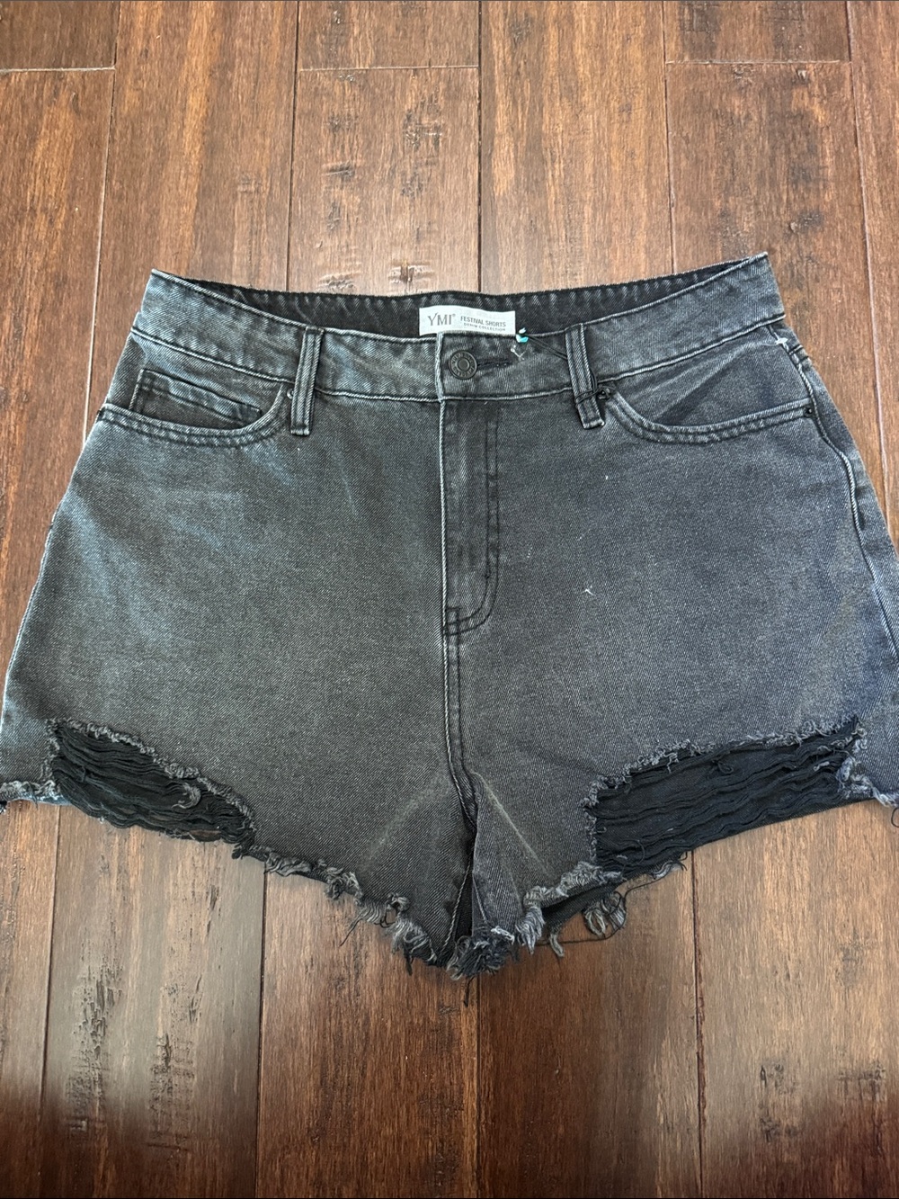 YMI Black Washed Distressed High-Rise Denim Shorts